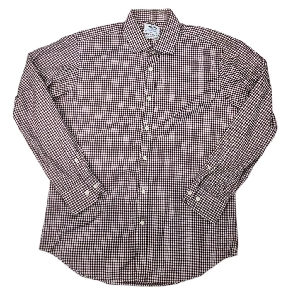 T.M. Lewin Cotton Plaid Red Slim Fit Shirt Size 16.5 Finest Two Fold Cotton 3377